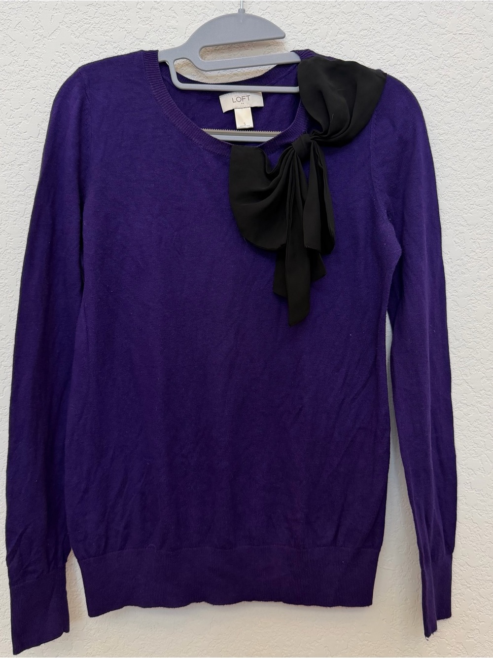 LOFT Deep Purple Crewneck Sweater with Black Bow Accent